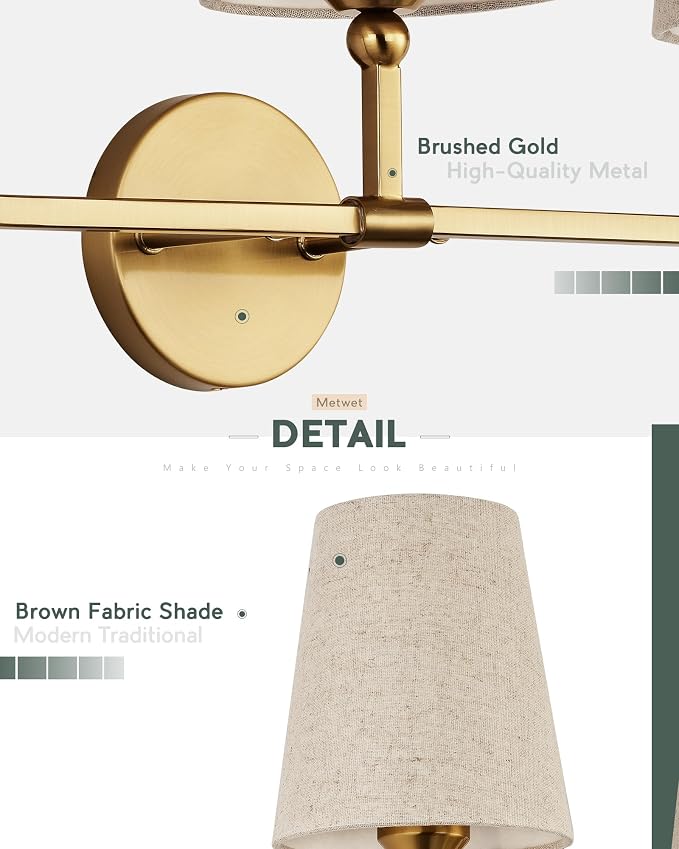 3-Light Bathroom Light Fixtures, Brushed Gold Vanity Lights - Image 3