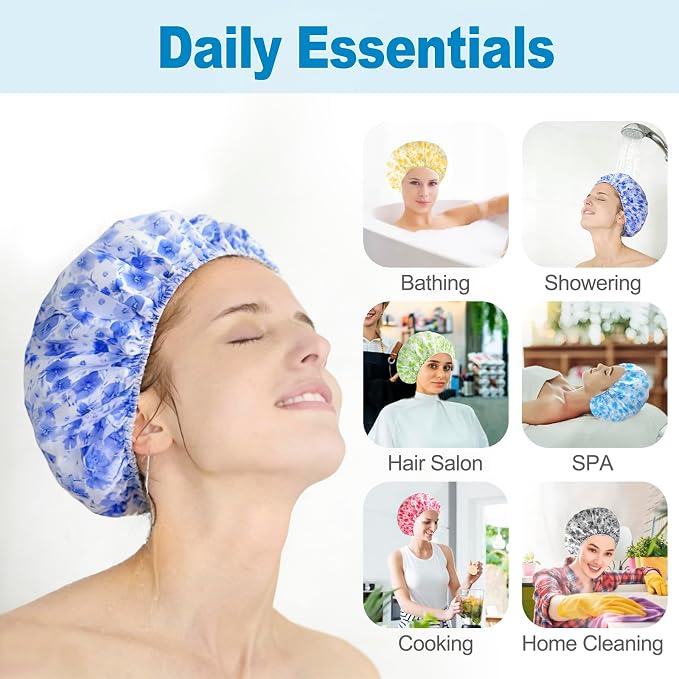 6 PCS Shower Caps for Women, Double Side Waterproof Shower Cap, Reusable - Image 4