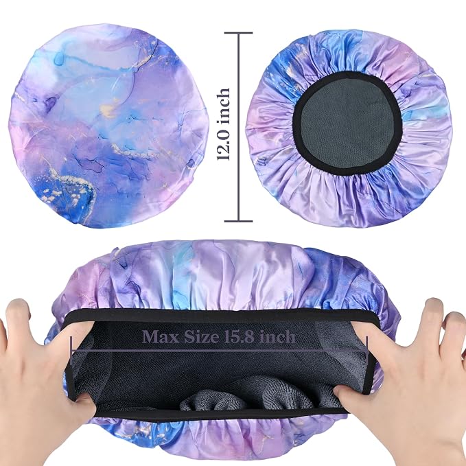 Purple Marble Print Satin Shower Cap, Three-Layer Terry Cloth Lined, - Image 2