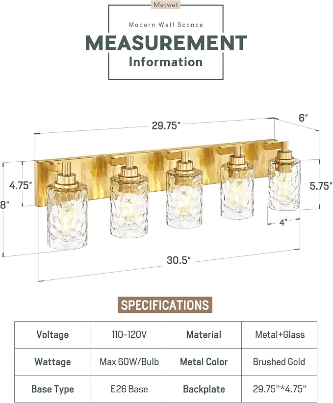 5-Light Bathroom Light Fixtures, 30 Inch Brushed Gold Vanity Lights - Image 2
