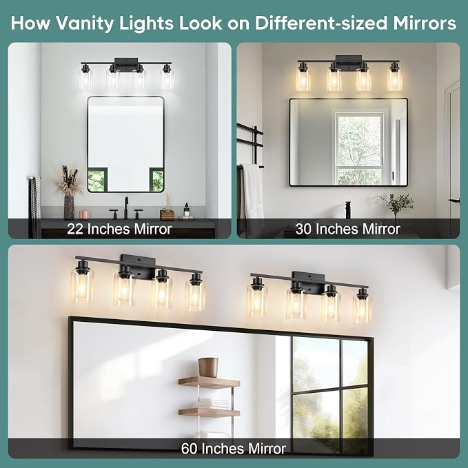 Ascher Bathroom Light Fixtures, 4-Light Vanity Light Over Mirror, Matte Black - Image 6