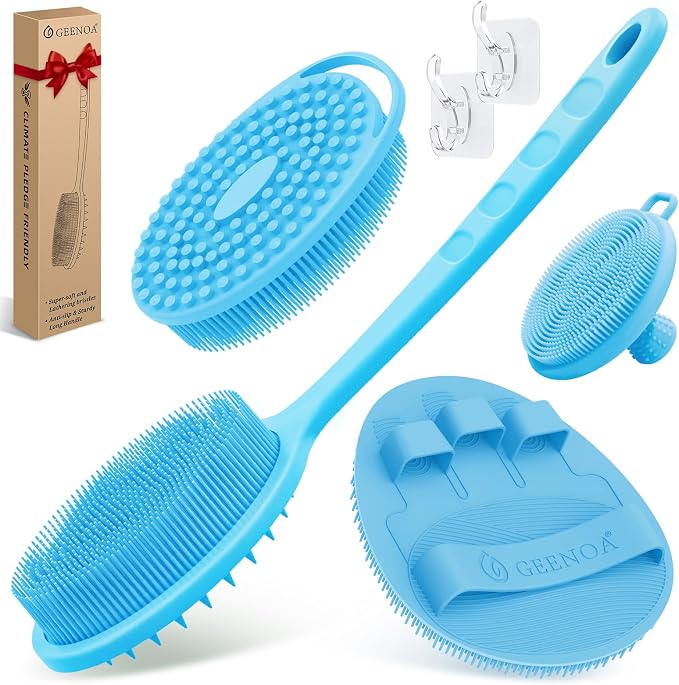 Silicone Back/Body/Face Scrubber & Soft Bath Glove Set 4PCS, Gentle Exfoliating by GEENOA
