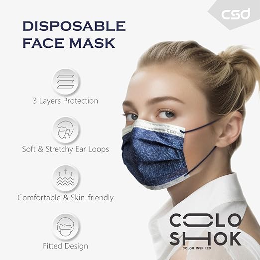 CSD Colo 30 Pcs Blue Disposable Face Masks, 3 Ply Adult Mask - Image 3