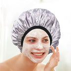 White Butterfly Print Satin Shower Cap, Three-Layer Terry Cloth Lined, - Image 5