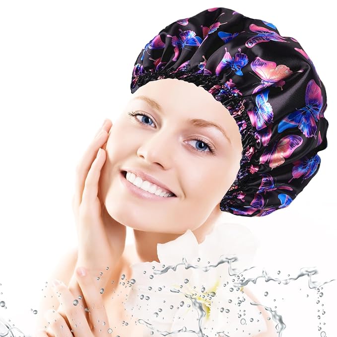 4 PCS Shower Cap for Women, Elastic and Reusable Bath Caps, Double Layers - Image 2