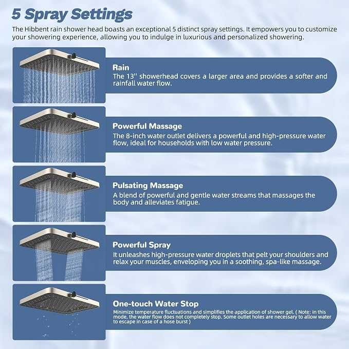 Hibbent 5-spray Filtered Rainfall Shower Head Combo, High Pressure 13'' - Image 2
