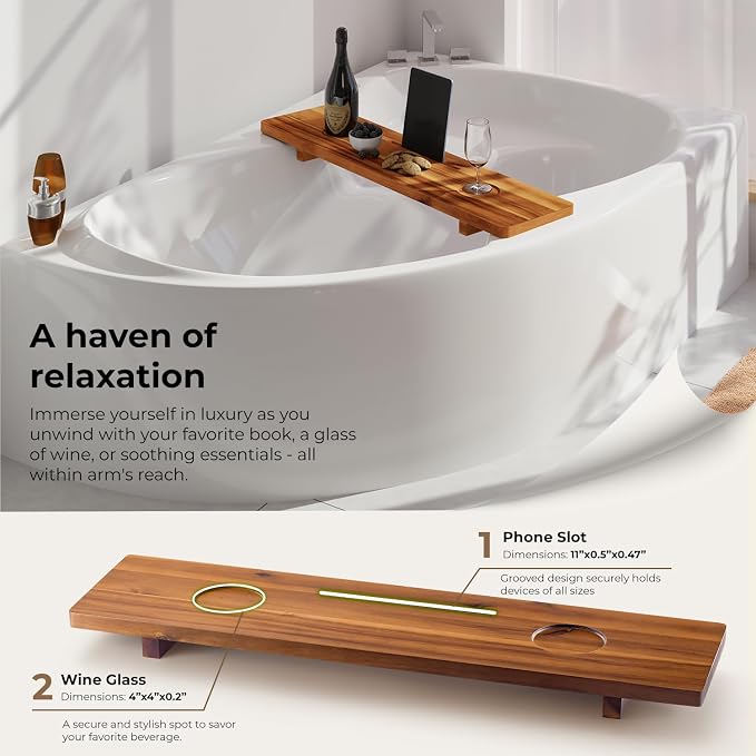 Tinamo Acacia Bathtub Caddy Tray Table | 35x9 Inch Large Bath Tub Wooden | - Image 3