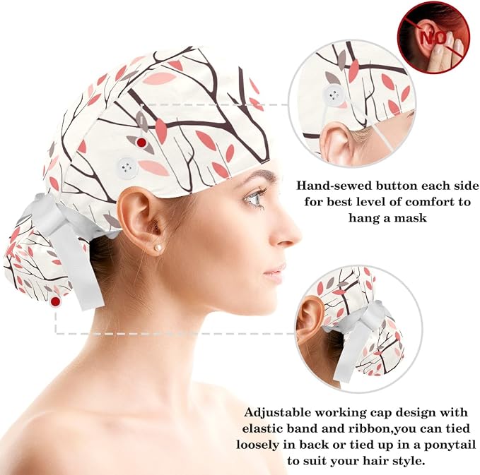Women Working Cap with Buttons Bouffant Hat Autumn Leaves Nurse Scrub Caps Long - Image 3