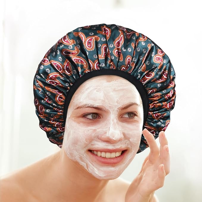 Paisley Satin Shower Cap, Three-Layer Terry Cloth Lined, - Image 5
