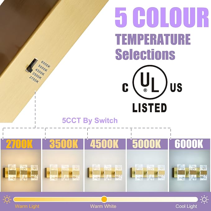Modern LED Bathroom Light Fixtures Dimmable 3-Light Gold Vanity Light, 5CCT - Image 3