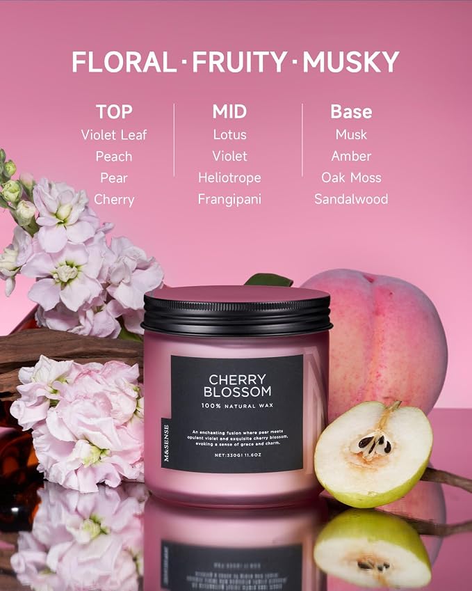 M&SENSE Cherry Blossom Home Scented Candles, 11.6oz Natural Soy Wax, Non-Toxic - Image 2