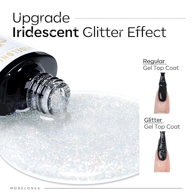 modelones Glitter Gel Top Coat, Reflective Iridescent Silver Mix Glitter - Image 2