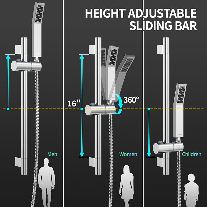 SR SUN RISE 10 Inch Square Shower Faucet, Adjustable 16-Inch Slide Bar Hand - Image 4