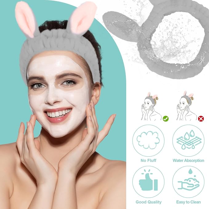 Cute Gray Rabbit Ears Headband Frog Eye Elastic to Wash Face - Image 4