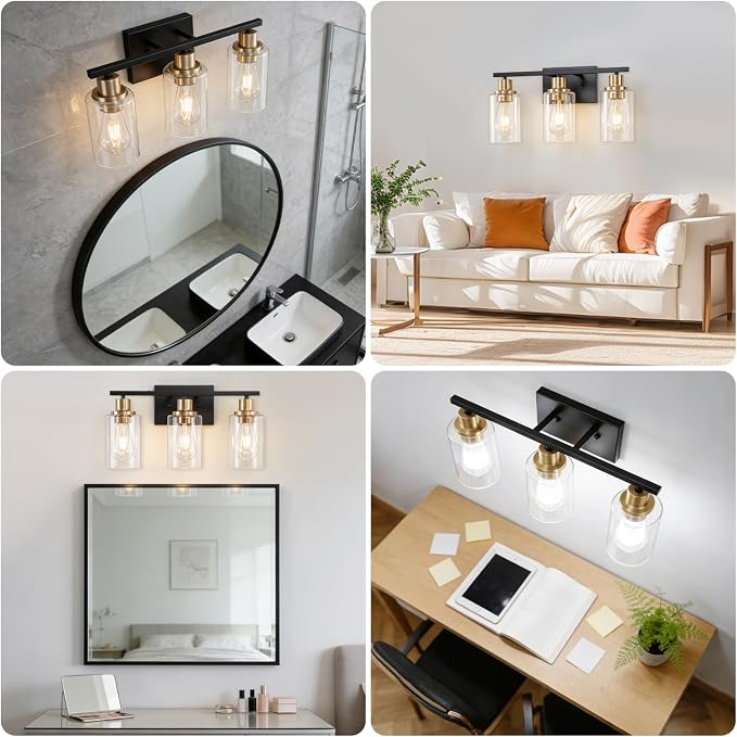 Bathroom Light Fixture Black Gold Vanity Lights Over Mirror, 3 Light Wall - Image 6