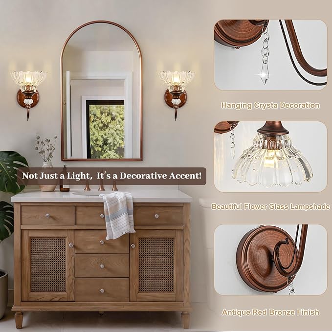 1 Piece Vintage Wall Sconce, 1-Light Matte Antique Red Bronze Finish Wall Sconce - Image 3