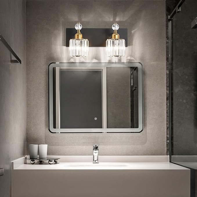 PRESDE 2-Crystal Bathroom Vanity Light Modern Black and Gold Bathroom Lights - Image 3