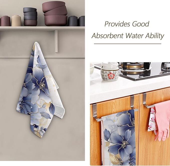 Abstract Blue Golden Floral Leaves Hand Towels - Image 6
