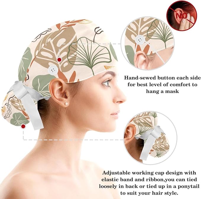 Women Working Cap with Buttons Bouffant Hat Autumn Leaves Nurse Scrub Caps Long - Image 3