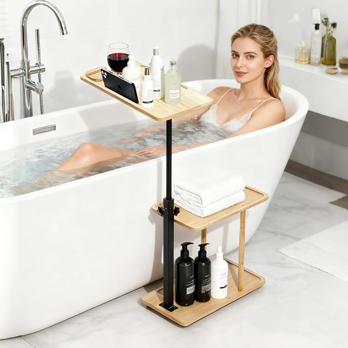 3 Layer Bathtub Tray Table, Bamboo Swivel Bathtub Side Table Height Adjustable by BeGyoku