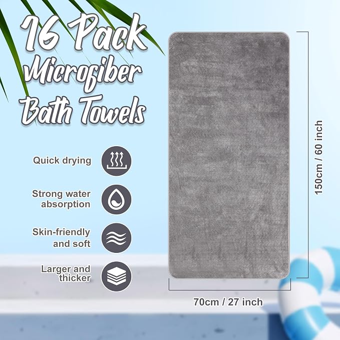 SmoothNovelty 16 Pack Microfiber Bath Towels Bulk 27'' x 60'' Oversized Size - Image 2
