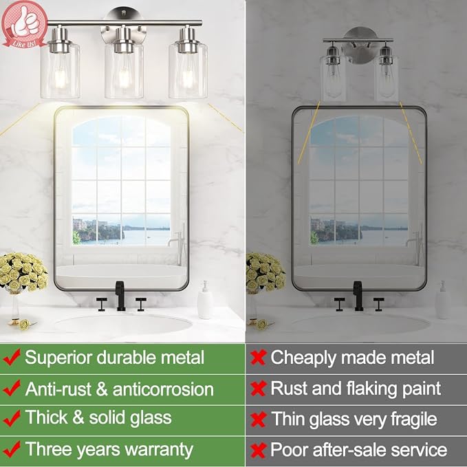 Zarbitta 3-Light Bathroom Light Fixtures, Brushed Nickel Vanity Light, - Image 3
