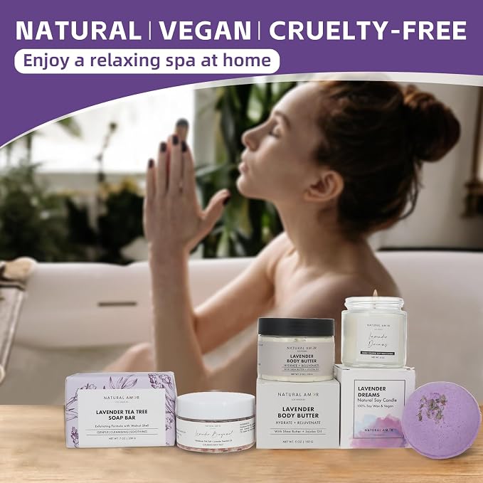 Natural Amor 5-Piece Lavender Spa Gift Set – Bath Bomb, Body Butter, Bar Soap - Image 6