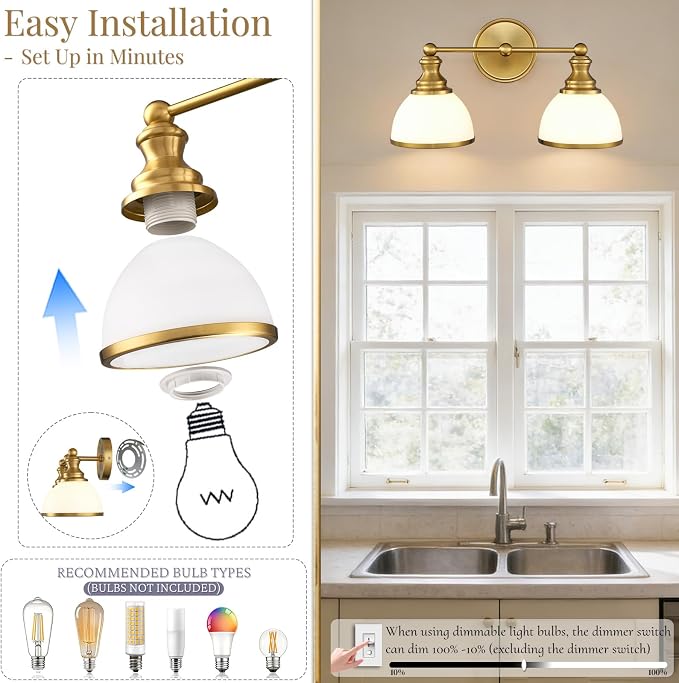 Hamilyeah 2-Light Gold Bathroom Vanity Light, Brushed Gold Wall Light Fixture - Image 7