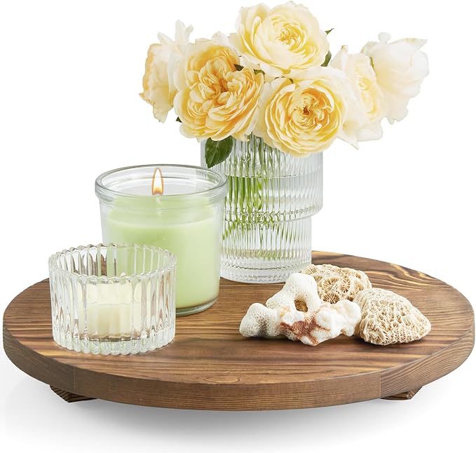 Round Decorative Tray Burnt Wood Bathroom Counter Organizer Pedestal Stand by Unknown