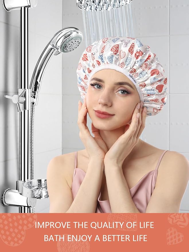 Years calm Terry Lined Shower Cap, Triple Layer Heart Motifs, Waterproof - Image 8