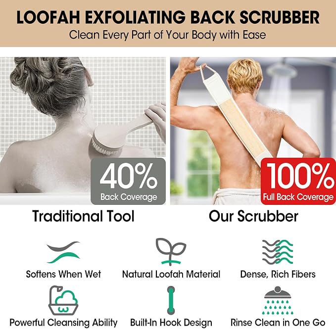 Loofah Back Scrubber with Handle, Natural Exfoliating Shower Sponge, Deep Clean - Image 5
