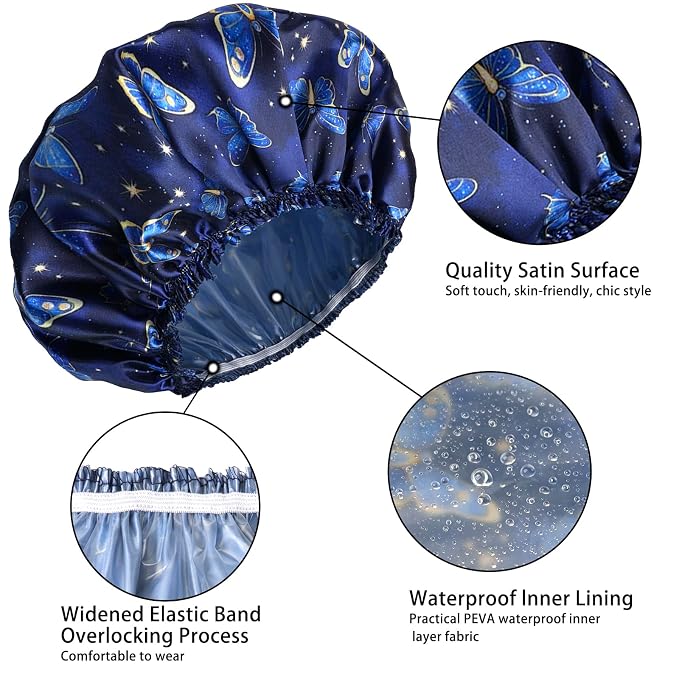 4 PCS Shower Cap for Women, Elastic and Reusable Bath Caps, Double Layers - Image 5