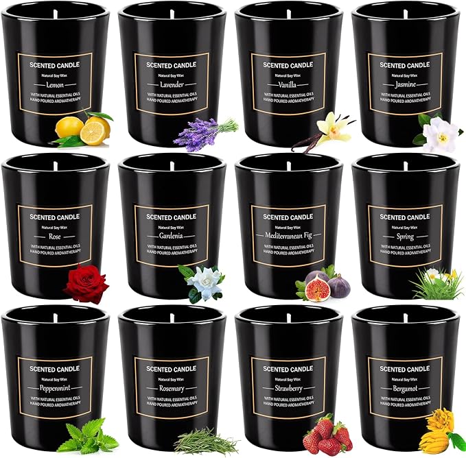 12 Pack Scented Black Candles Gift Set, Natural Soy Wax Aromatherapy Candles - Image 3
