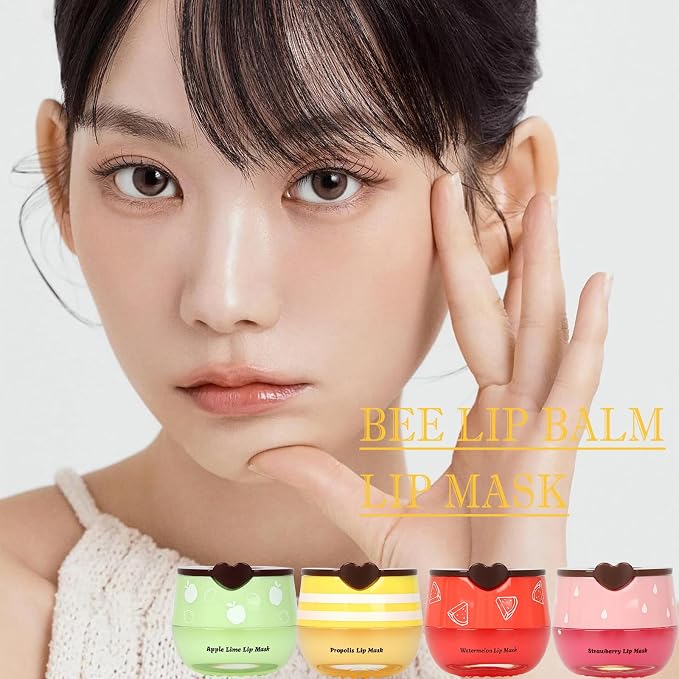 4 PCS Bee Lip Balm Lip Mask Honey Pot, Prevention Lip Dry Set, Strawberry & - Image 8