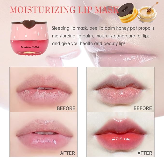 2 PCS Bee Lip Balm Lip Mask Honey Pot, Honey & Strawberry Lip Mask Propolis - Image 2