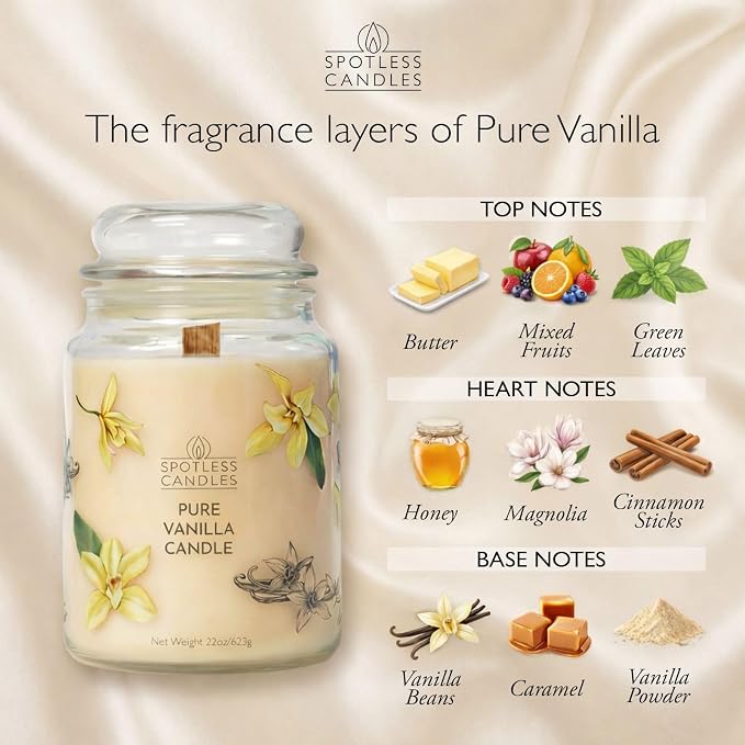 Pure Vanilla Scented Candle 22oz – 80-85 Hour Burn Time, Wooden Wick, Large - Image 2