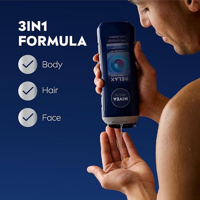 NIVEA MEN Relax Body Wash, Lavender and Sandalwood Scent, 3-in-1 Men's Body Wash - Image 2