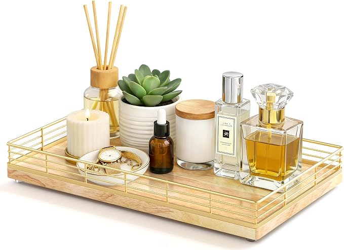 Large Bathroom Vanity Tray – 13" x 8" Oak Decorative Wooden Tray by Focusonit