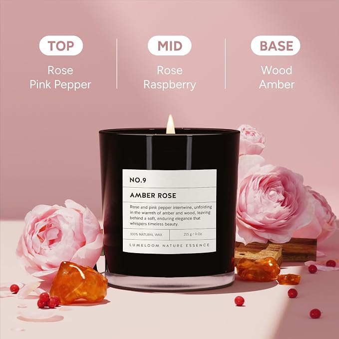LUMELOOM Amber & Rose Luxury Scented Candles, 9oz Soy Wax Candles - Image 2
