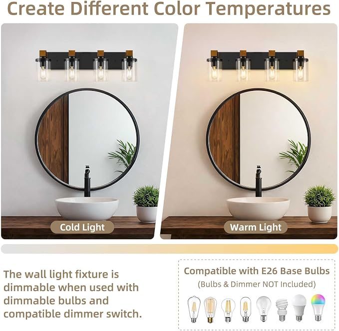 4-Light Farmhouse Bathroom Light Fixtures, Wood Matte Black Vanity Lights Over - Image 5