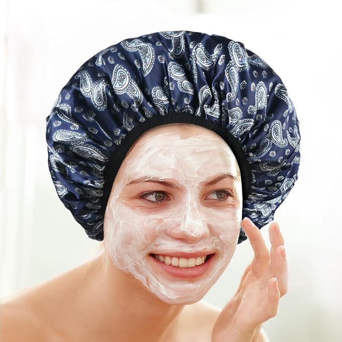 Bandana Satin Shower Cap, Three-Layer Terry Cloth Lined, - Image 5