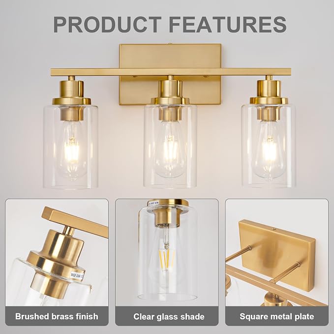 3 Light Bathroom Light Fixtures Brushed Brass Vanity Light Over Mirror Modern - Image 7