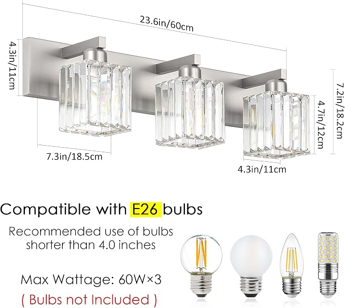 Aipsun Brushed Nickel Vanity Light Bathroom Lighting Fixtures 3 Light Crystal - Image 6