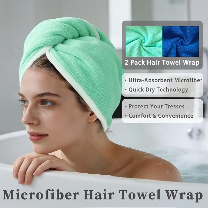 VOOVA & MOVAS Green & Navy Microfiber Hair Towel Wrap - Image 3