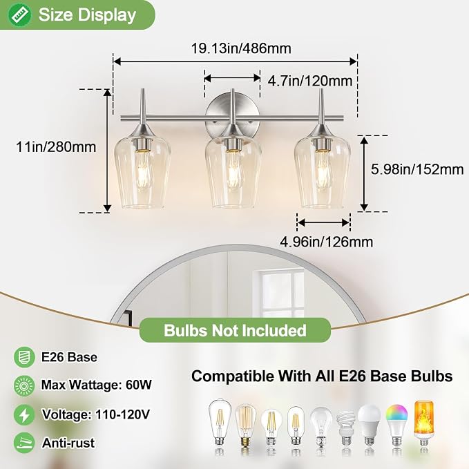 MOKATNG 3-Light Bathroom Light Fixtures, 19.5 in Brushed Nickle Vanity Lights - Image 7