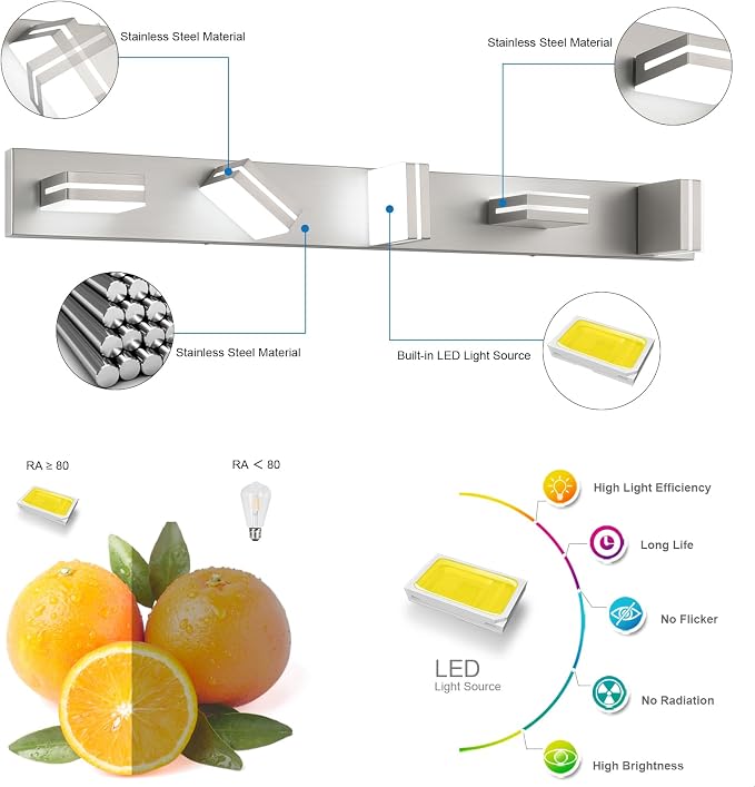 SineRise LED Modern Bathroom Vanity Light Fixtures, Brushed Nickel Modern - Image 2