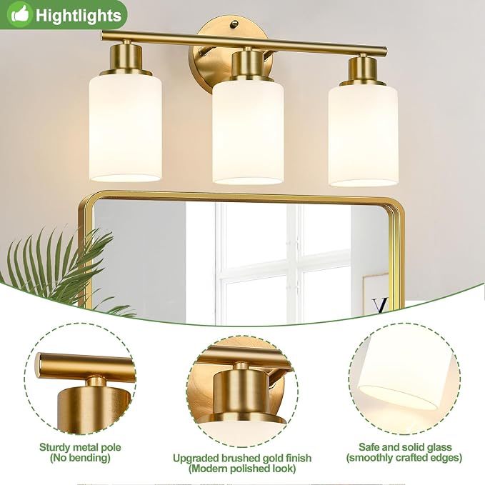 Zarbitta 3-Light Bathroom Light Fixtures, Brushed Gold Vanity Light, Farmhouse - Image 4
