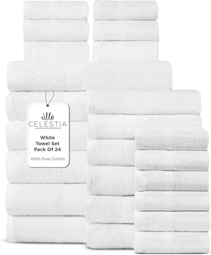 100% Cotton Bath Towel Set of 24-6 Bath Towels, 6 Hand Towels, 12 Wash Cloths by VillaCelestia