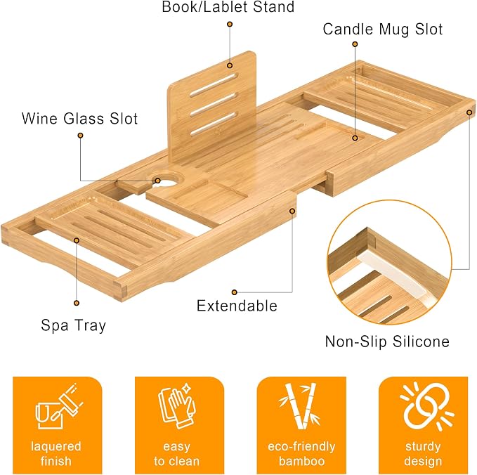 Bathtub Tray Caddy, Premium Bamboo Expandable Bath Tub Trays Table, Foldable - Image 5