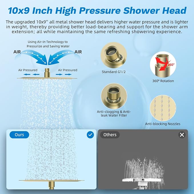 Hibbent cUPC Certified All Metal 10" Rainfall Showerhead Combo, High Pressure - Image 4